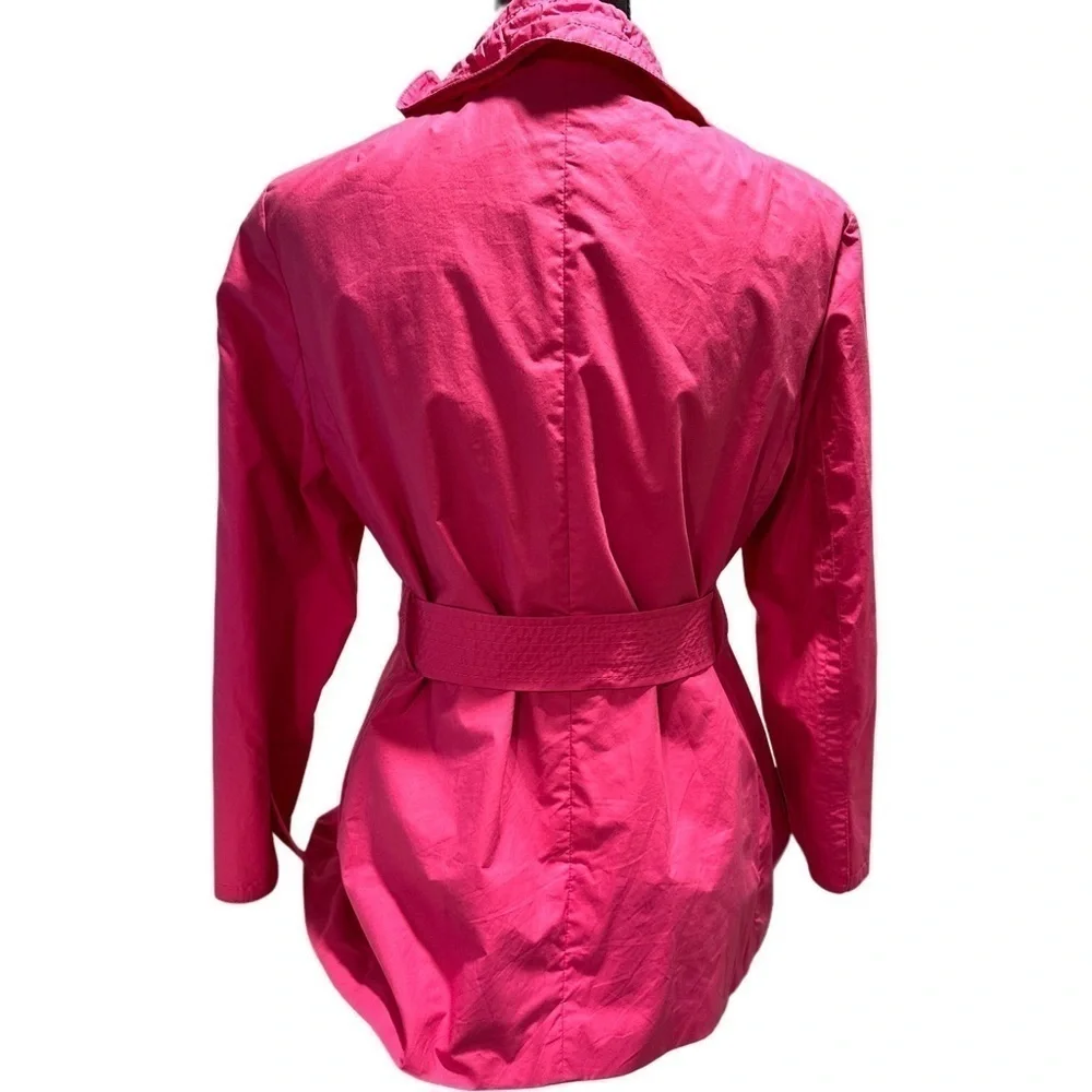 J. Crew Trench Coat Hot Pink Lightweight Lined Belted Ruffled Collar L EUC